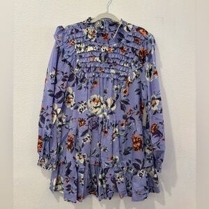 NWT Anthropologie Blue Floral Smocked Ruffle Mini Dress Long Sleeve Feminine XL